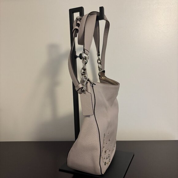 Coach Elle Hobo Taupe Gray Leather with Stardust Crystal Rivets - Picture 3 of 12